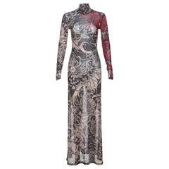 Long sleeve high neck print sheer mesh maxi dress  | samba dress
