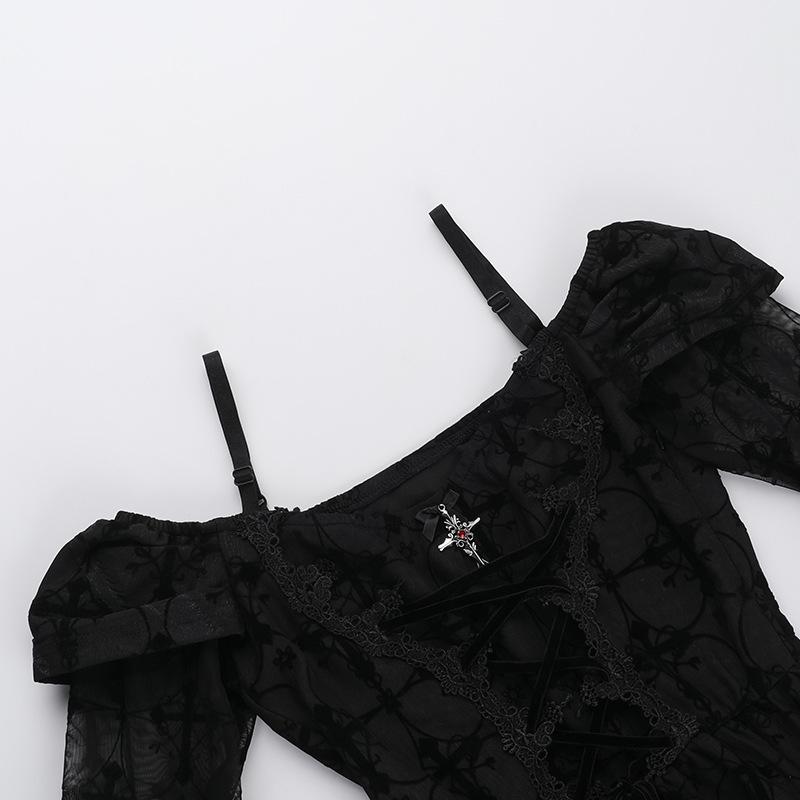 Long flared sleeve off shoulder cross applique mini dress  | black rave dress