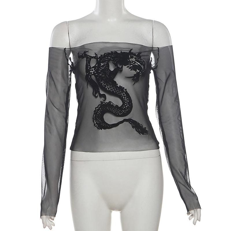 Long sleeve off shoulder dragon print sheer mesh top