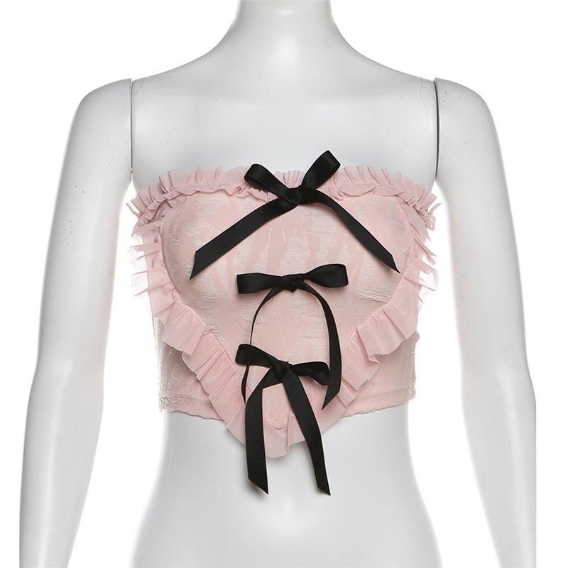 Heart pattern ruffle bowknot textured tube top