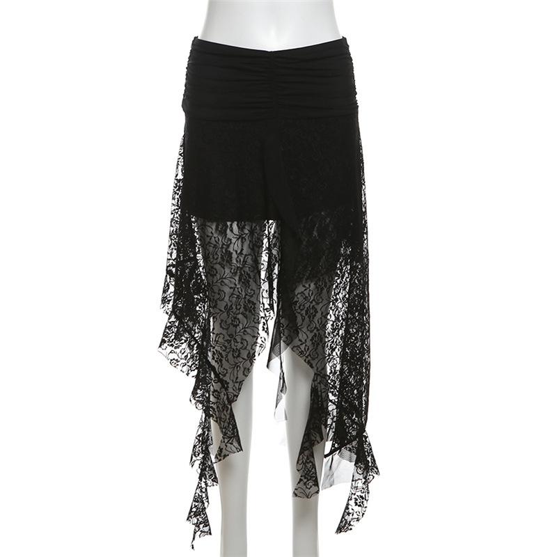 Lace mesh patchwork ruched ruffle midi skirt