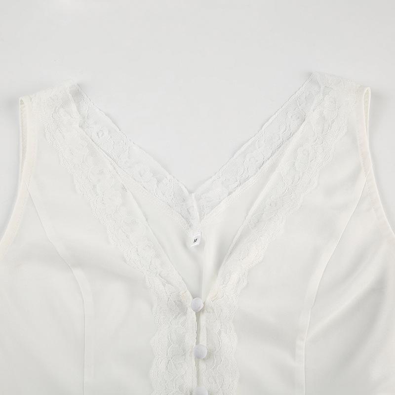 V neck button lace hem solid tank top