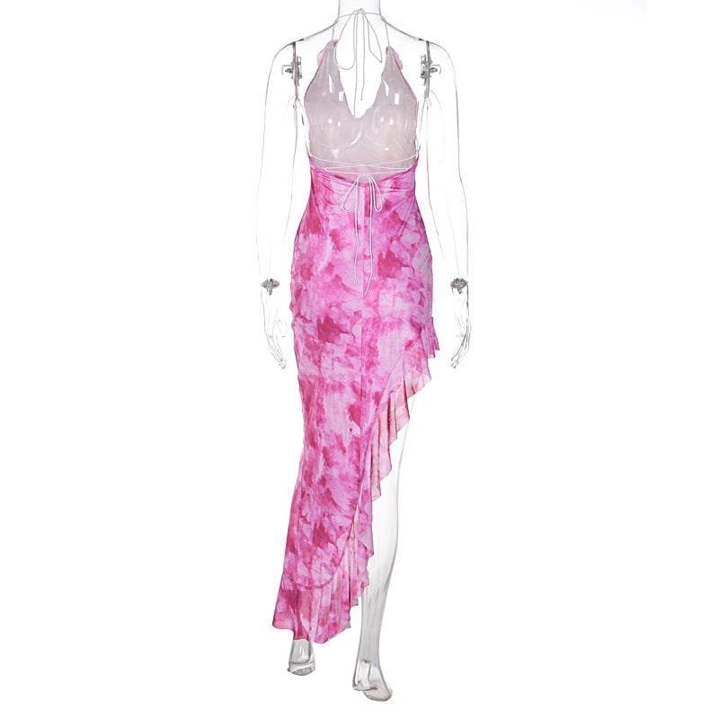 Tie dye ruffle halter mesh backless self tie irregular maxi dress  | red tango dress