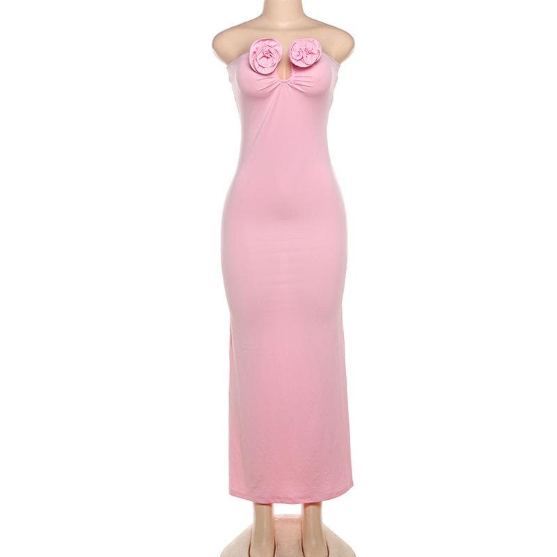Notch neck flower applique ruched tube maxi dress