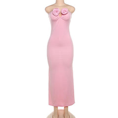 Notch neck flower applique ruched tube maxi dress