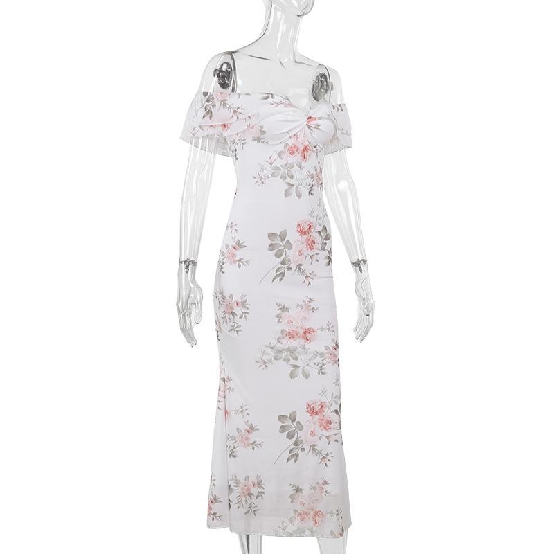 Off shoulder ruched flower print maxi dress