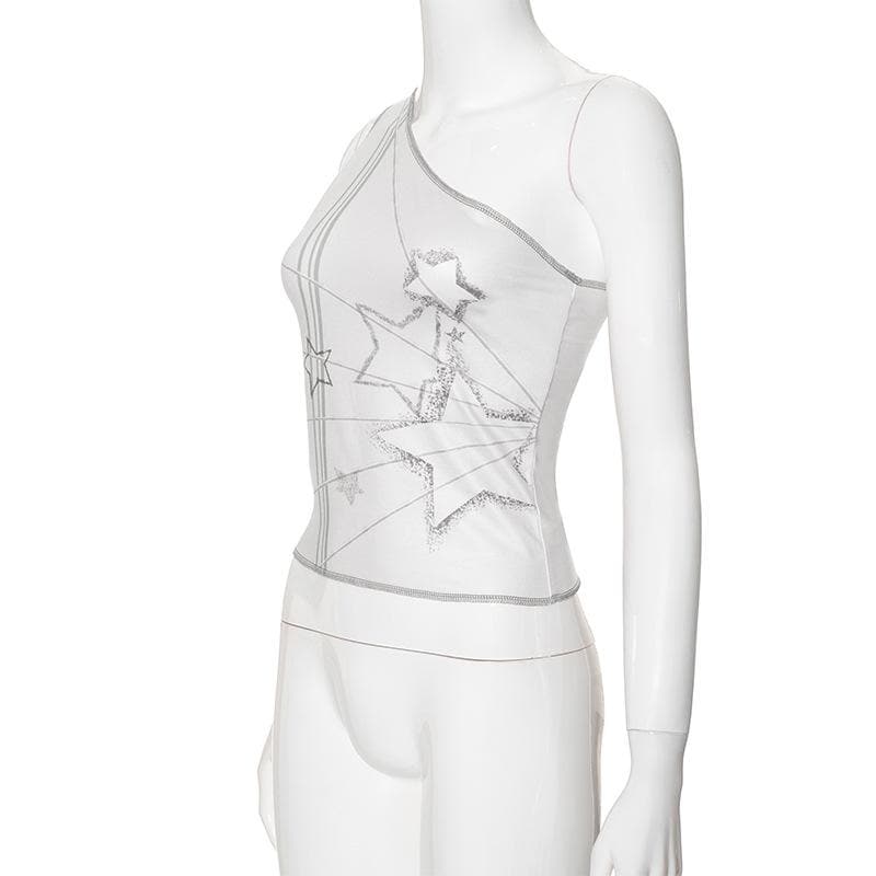 One shoulder stitch star print contrast top