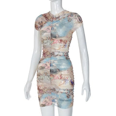 Sheer mesh see through abstract ruched short sleeve contrast mini dress  | samba dress