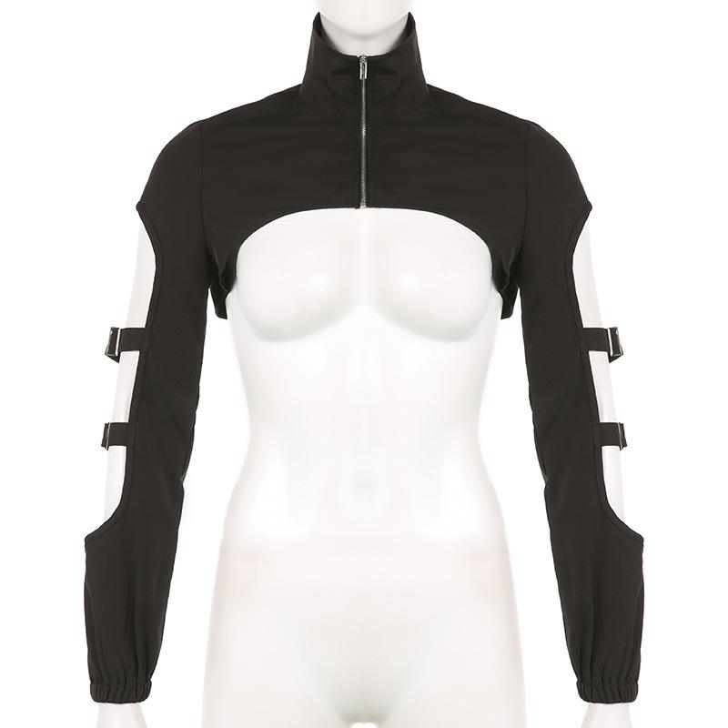 High neck long sleeve hollow out buckle crop coat top