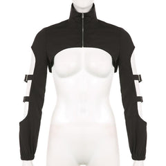 High neck long sleeve hollow out buckle crop coat top