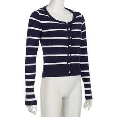 Round neck long sleeve button striped ribbed top