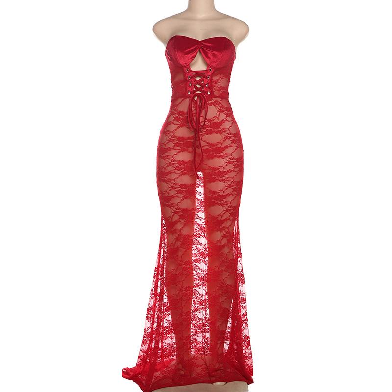 Sweetheart neck hollow out lace maxi dress