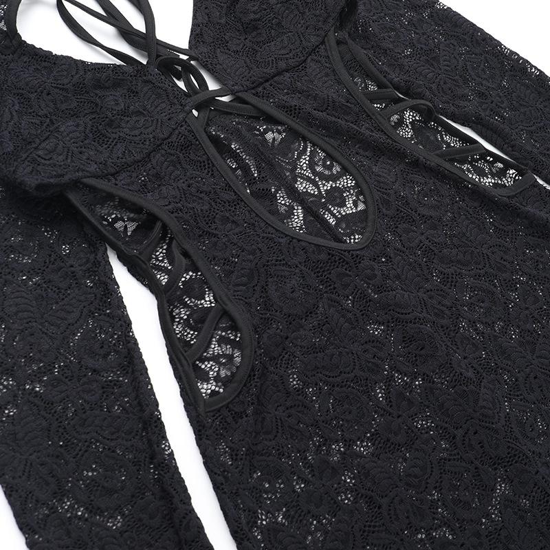 Lace long sleeve hollow out cross front maxi dress