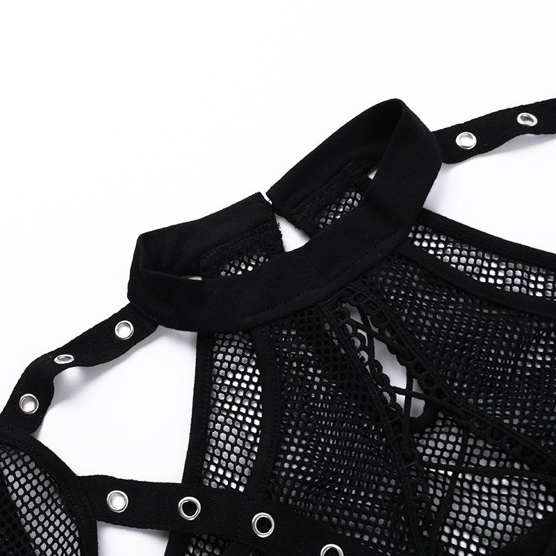 Short sleeve fishnet hollow out patchwork top