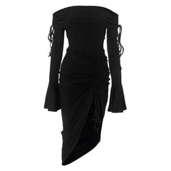 Flared sleeve off shoulder slit ruched self tie midi dress