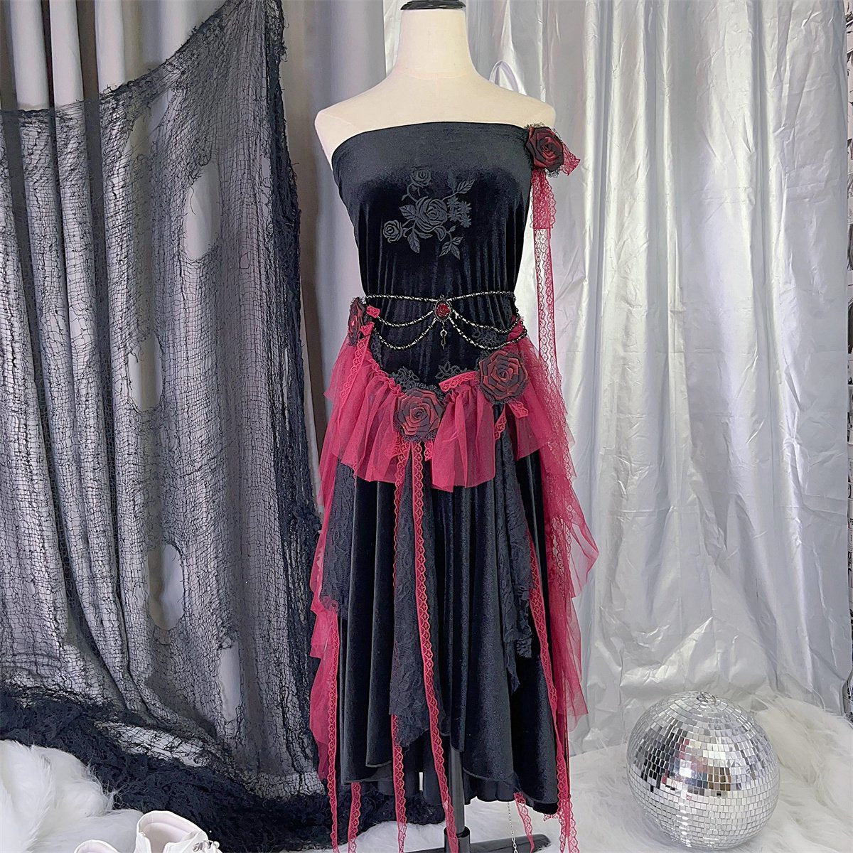 Long flared sleeve embroidery mesh flower applique maxi skirt set