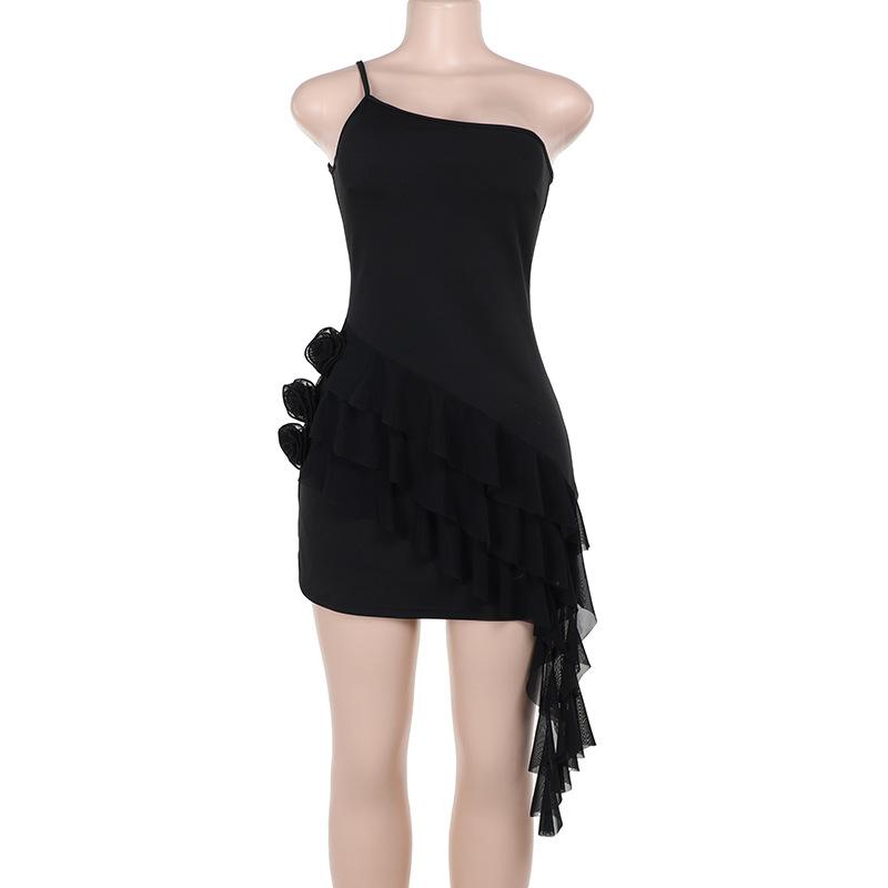 One shoulder ruffle flower applique mini dress  | red tango dress
