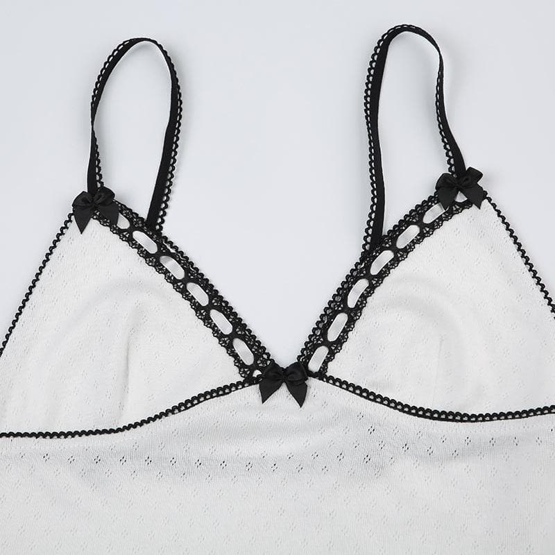 V neck bowknot lace hem backless cami top