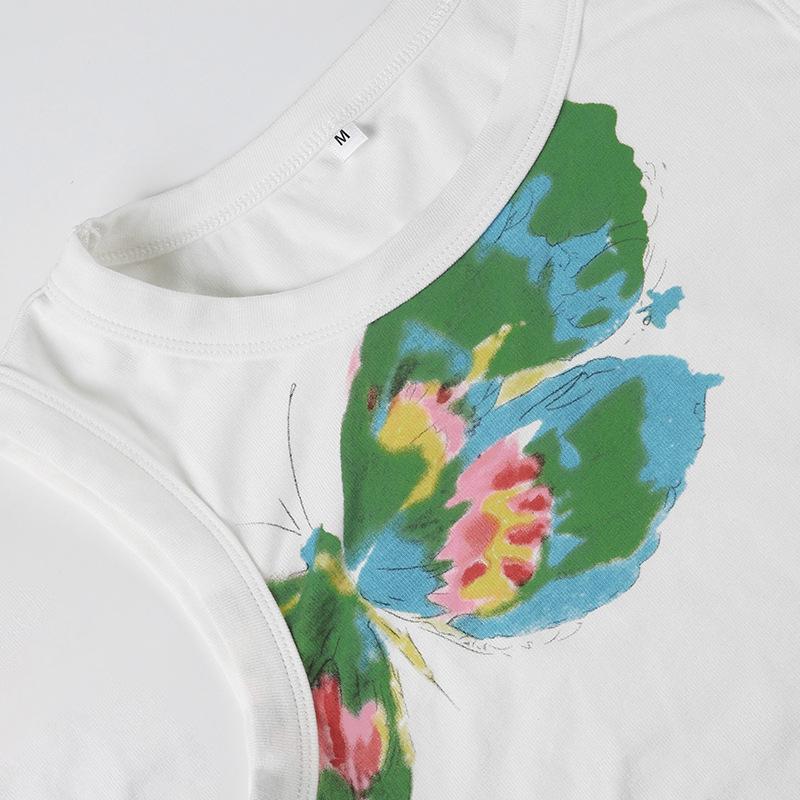 Crewneck butterfly print contrast tank top