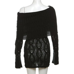 Crochet off shoulder long sleeve hollow out mini dress