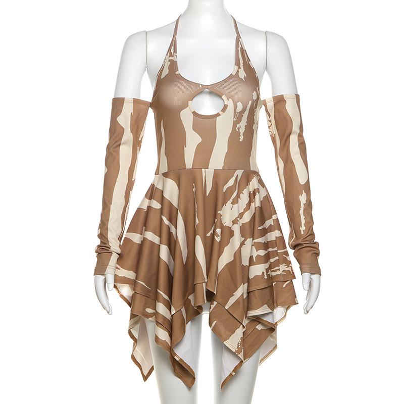 Long sleeve hollow out halter self tie ribbed mini dress
