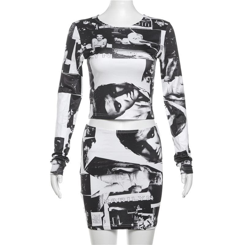 Long sleeve print crewneck mini skirt set