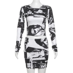 Long sleeve print crewneck mini skirt set