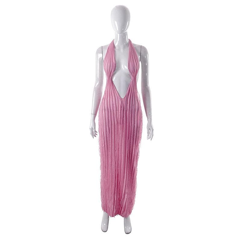 Textured ruffle solid halter self tie v neck backless maxi dress  | red tango dress