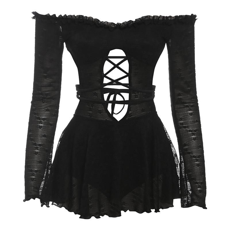 Off shoulder long sleeve hollow out self tie mini dress