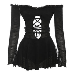 Off shoulder long sleeve hollow out self tie mini dress
