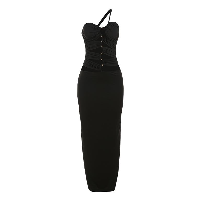 One shoulder hollow out metal applique maxi dress  | red tango dress