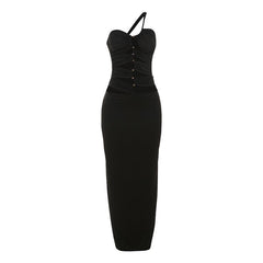 One shoulder hollow out metal applique maxi dress  | red tango dress