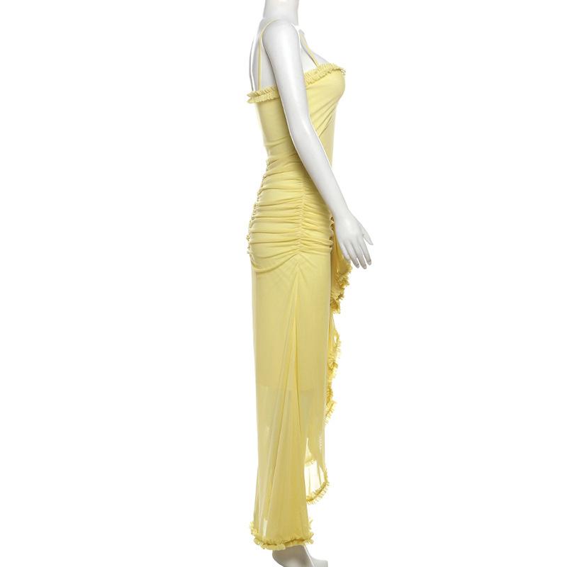 Mesh ruffle solid backless cami maxi dress