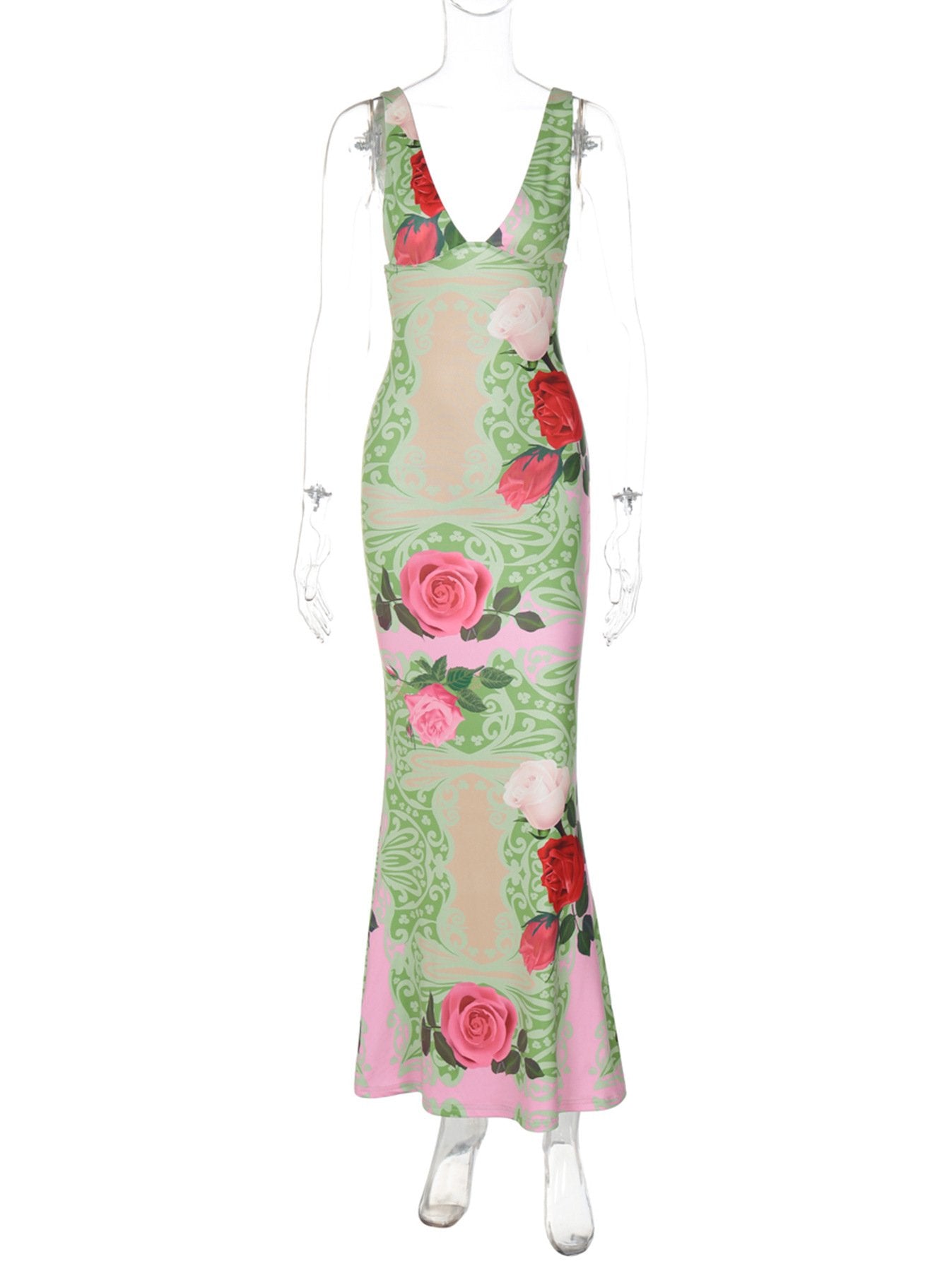 Flower print v neck cami maxi dress