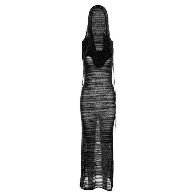 Crochet solid hoodie sleeveless see through maxi dress  | red tango dress
