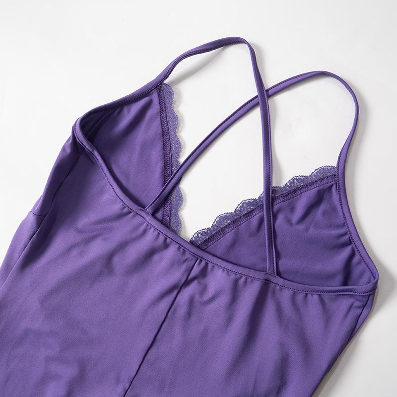 V neck lace patchwork cross back cami jumpsuit