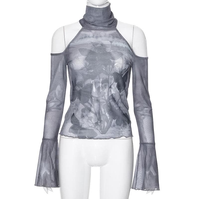 Long flared sleeve high neck sheer mesh print off shoulder top