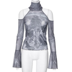 Long flared sleeve high neck sheer mesh print off shoulder top