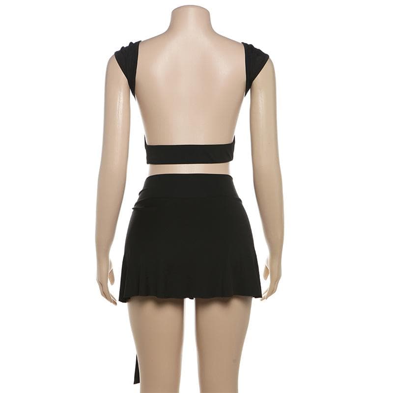 U neck backless o ring solid mini skirt set