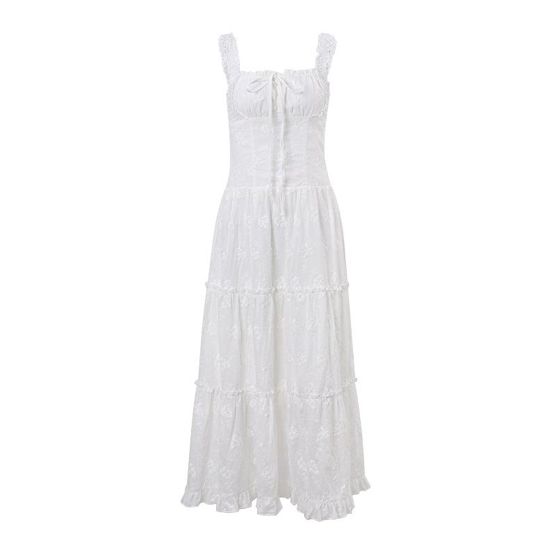 Drawstring ruched ruffle textured cami midi dress