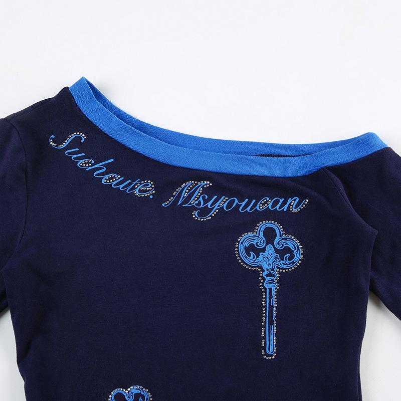 Long sleeve off shoulder beaded letter pattern top