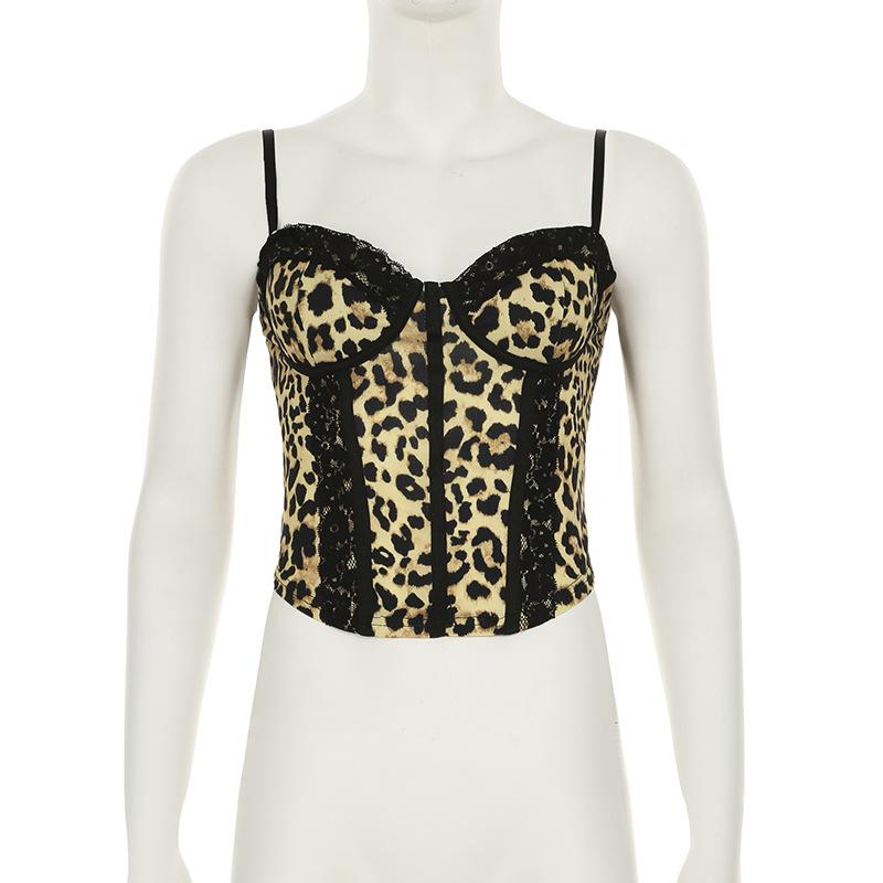 Leopard print sweetheart neck lace hem cami top