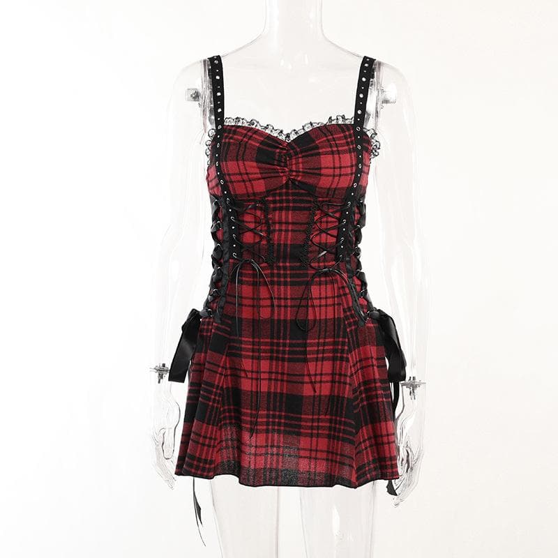 Backless ruched lace hem plaid lace up zip-up mini dress  | red tango dress