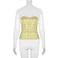 Ruched ruffle print flower applique tube top