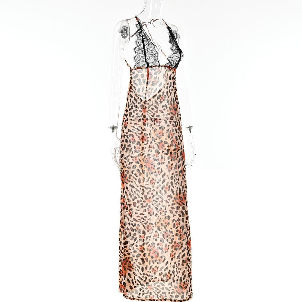 Cross back contrast leopard print v neck lace patchwork maxi dress  | red tango dress