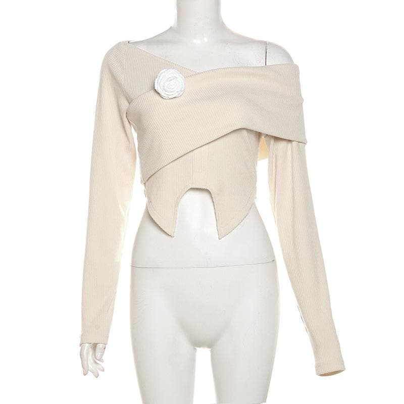 Long sleeve one shoulder flower applique ribbed crop top