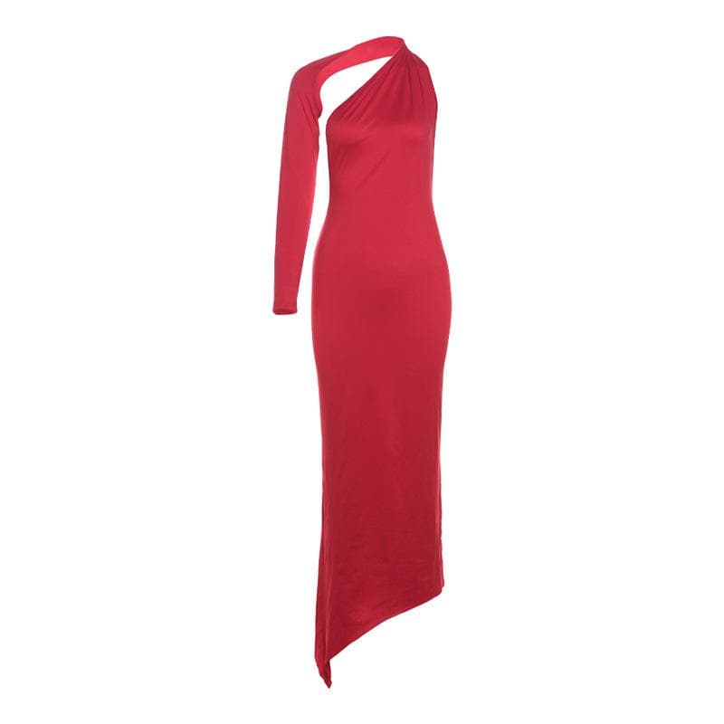 Long sleeve halter irregular one shoulder maxi dress  | red tango dress
