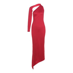 Long sleeve halter irregular one shoulder maxi dress  | red tango dress