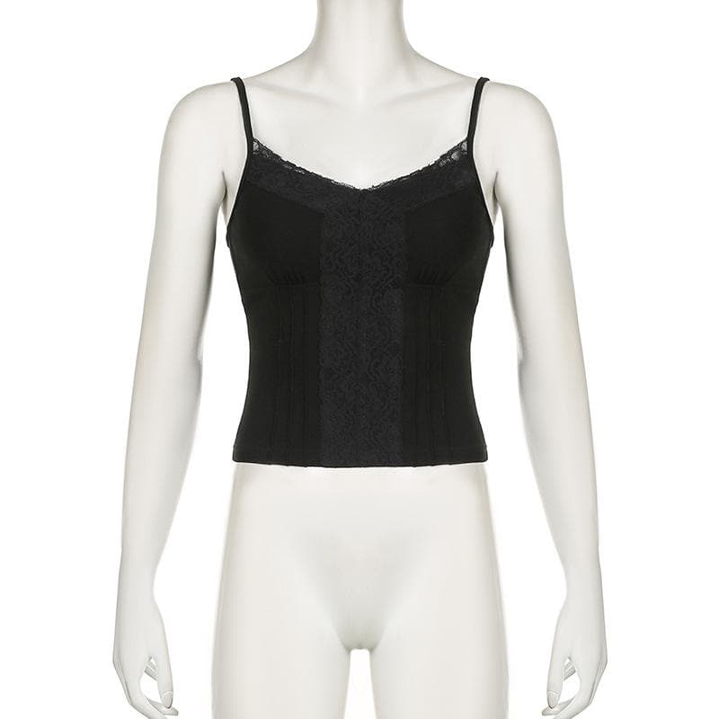 Stitch v neck lace hem backless solid cami top