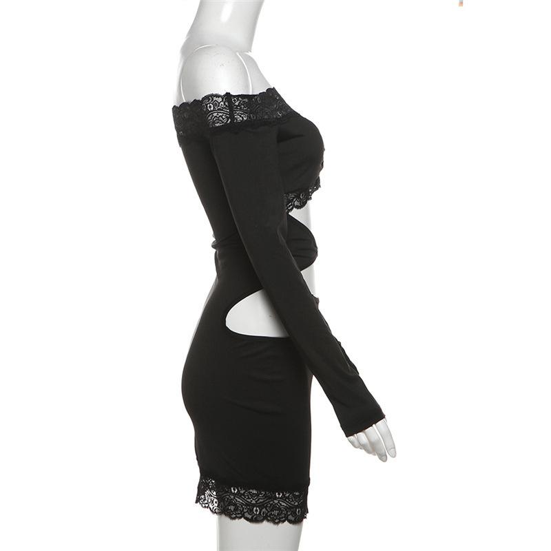 Long sleeve off shoulder lace hem hollow out mini dress